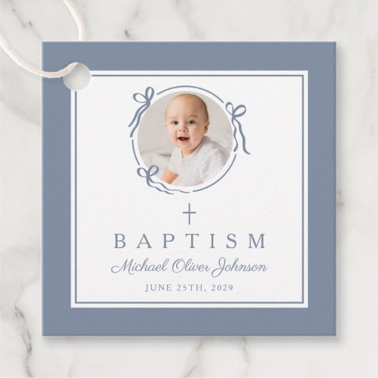 Modern Dusty Blue Boy Baptism Photo Geschenkanhänger (Vorderseite)