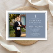 Modern Dusty Blue Boy Photo First Communion Einladung