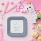 Modern Dusty Blue Cross Boy First Communion Pappteller (Party)