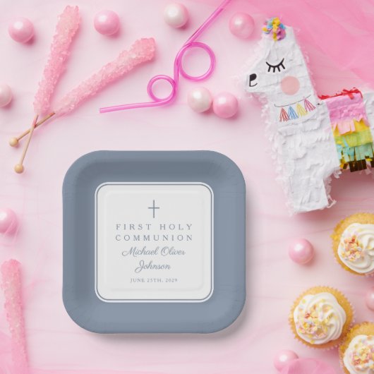 Modern Dusty Blue Cross Boy First Communion Pappteller (Party)