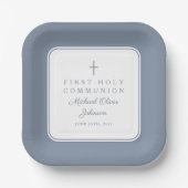 Modern Dusty Blue Cross Boy First Communion Pappteller (Vorderseite)
