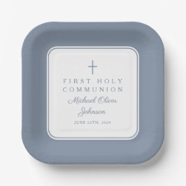 Modern Dusty Blue Cross Boy First Communion Pappteller