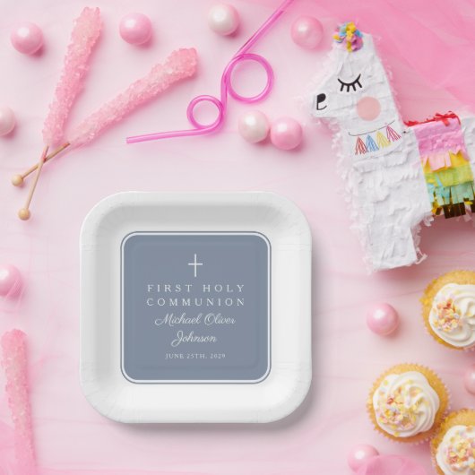 Modern Dusty Blue Cross Boy First Communion Pappteller (Party)