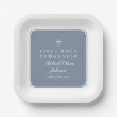 Modern Dusty Blue Cross Boy First Communion Pappteller (Vorderseite)