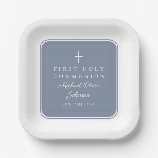 Modern Dusty Blue Cross Boy First Communion Pappteller (Vorderseite)