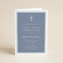 Modern Dusty Blue Cross Boy First Holy Communion Einladung