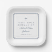 Modern Dusty Blue Cross Boy First Holy Communion Pappteller (Vorderseite)