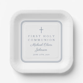 Modern Dusty Blue Cross Boy First Holy Communion Pappteller