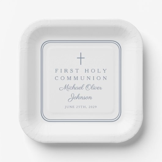 Modern Dusty Blue Cross Boy First Holy Communion Pappteller (Vorderseite)