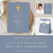 Modern Dusty Blue Cross Boy Foto Erste Kommune Dankeskarte