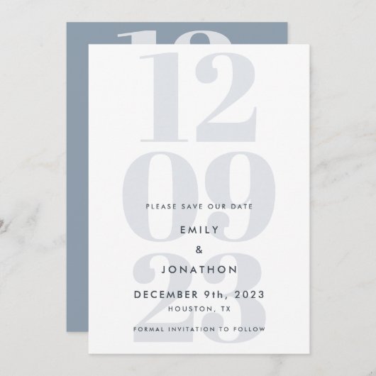 Modern Dusty Blue Date Typografie Save The Date (Vorne/Hinten)
