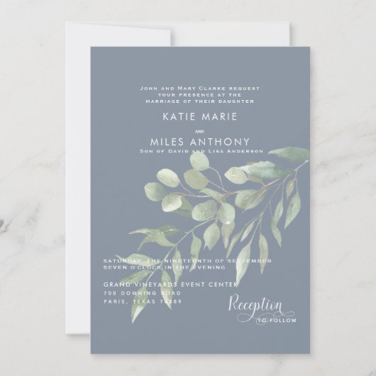 Modern Dusty Blue Eucalyptus Wedding Einladung (Vorderseite)