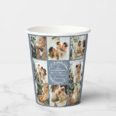 Modern Dusty Blue Family Foto Collage Monogram Pappbecher (Rückseite)