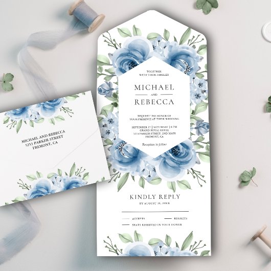 Modern Dusty Blue Floral Bouquet Grüne Hochzeit All In One Einladung