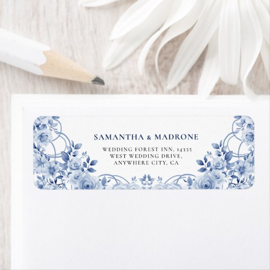 Modern Dusty Blue Floral Bow Return Address Labels (Insitu)