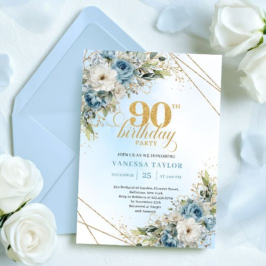 Modern Dusty Blue Floral Gold 90th Birthday Card Einladung