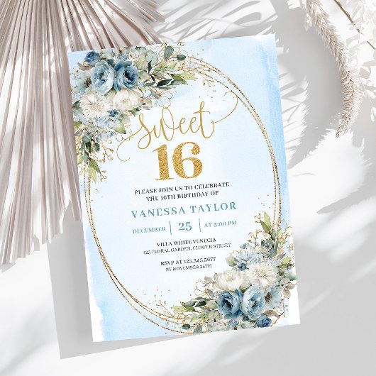 Modern Dusty Blue Floral Gold Sweet Sixteen Invite Einladung