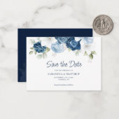 Modern Dusty Blue Floral Save the Date Mitteilungskarte (Vorderseite/Rückseite Beispiel)