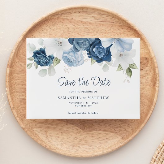 Modern Dusty Blue Floral Save the Date Pergament Einladungen