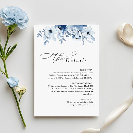 Modern Dusty Blue Floral Wedding Details Begleitkarte