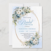 Modern Dusty Blue Flowers Gold Frame Bridal Shower Einladung (Vorderseite)