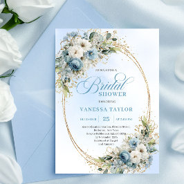 Modern Dusty Blue Flowers Gold Frame Bridal Shower Einladung