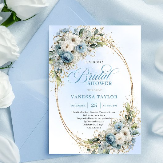 Modern Dusty Blue Flowers Gold Frame Bridal Shower Einladung