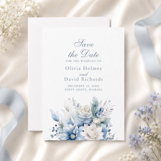 Modern Dusty Blue Flowers Save the Date Card