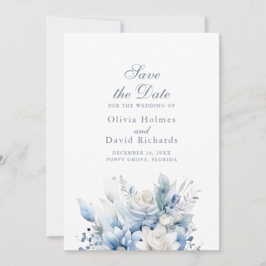 Modern Dusty Blue Flowers Save the Date Card (Vorderseite)