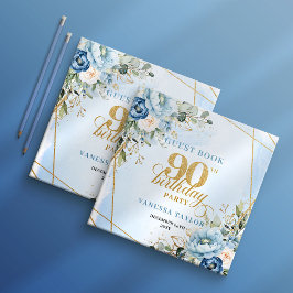 Modern Dusty Blue Flowers Script 90th Birthday Gästebuch