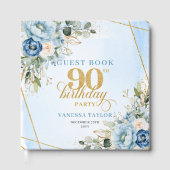 Modern Dusty Blue Flowers Script 90th Birthday Gästebuch (Vorderseite)