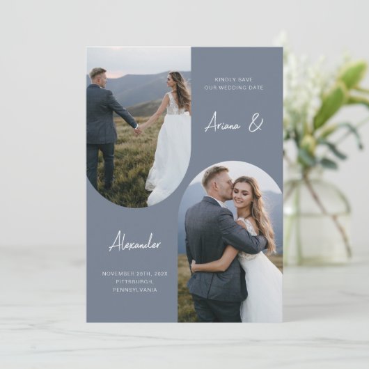 Modern Dusty Blue Foto Arch Wedding Save The Date (Stehend Vorderseite)