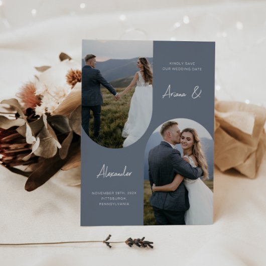 Modern Dusty Blue Foto Arch Wedding Save The Date