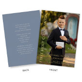 Modern Dusty Blue Foto Boy First Communion Gold Folieneinladung