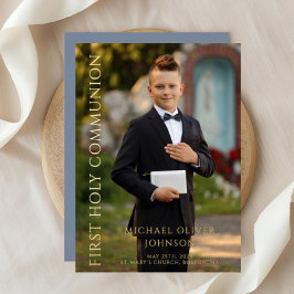 Modern Dusty Blue Foto Boy First Communion Gold Folieneinladung