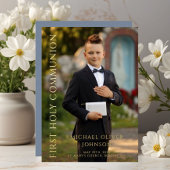 Modern Dusty Blue Foto Boy First Communion Gold Folieneinladung