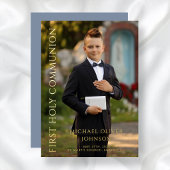 Modern Dusty Blue Foto Boy First Communion Gold Folieneinladung