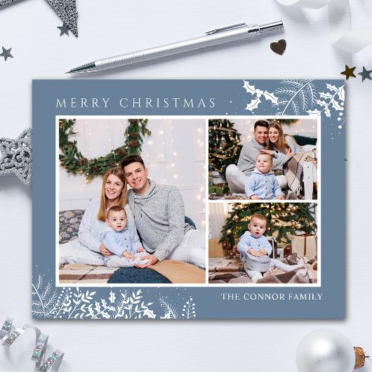 Modern Dusty Blue Foto Collage Frohe Weihnachten Postkarte
