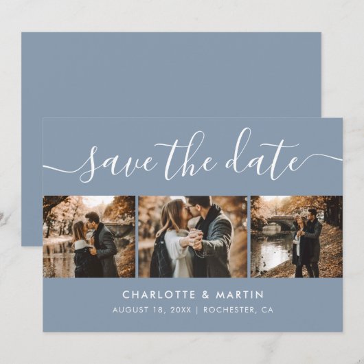 Modern Dusty Blue Foto Collage Save the Date (Vorne/Hinten)