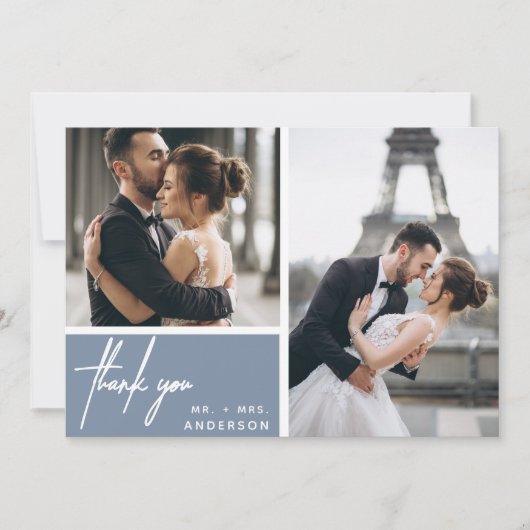 Modern Dusty Blue Foto Collage Wedding Vielen Dank (Vorderseite)