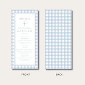 Modern Dusty Blue Gingham Boy Baptism Menükarte