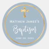 Modern Dusty Blue Gold Cross Boy Baptism  Runder Aufkleber (Vorderseite)