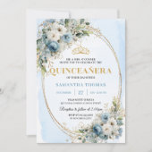 Modern Dusty Blue Gold Greenery Quinceañera Invite Einladung (Vorderseite)