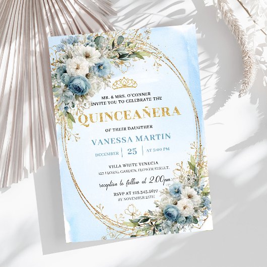 Modern Dusty Blue Gold Greenery Quinceañera Invite Einladung