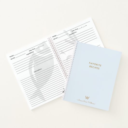 Modern Dusty Blue Gold Script Monogram Recipe Notizblock (Innenseite)