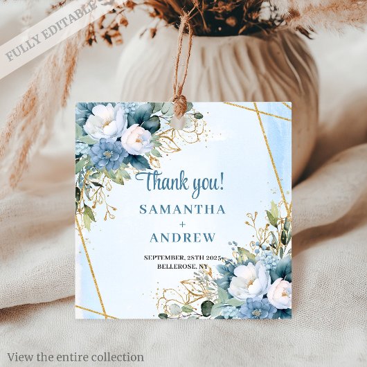 Modern Dusty Blue Greenery Gold Gastgeschenk Hochz Geschenkanhänger