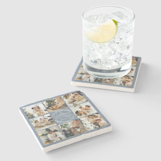 Modern Dusty Blue Monogram Initial Family Foto Steinuntersetzer (Seitenansicht)