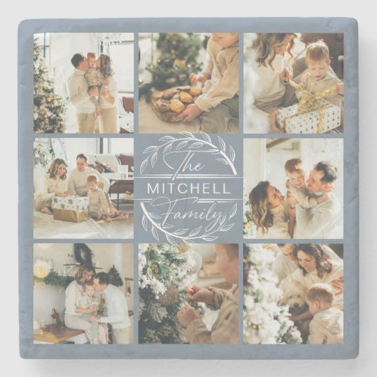 Modern Dusty Blue Monogram Initial Family Foto Steinuntersetzer (Vorderseite)