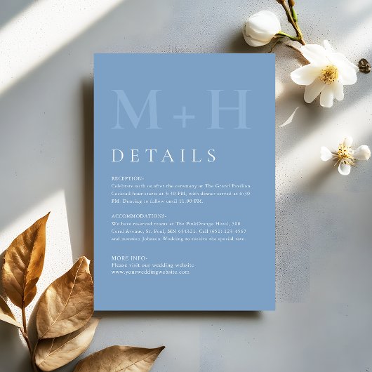 Modern Dusty Blue Monogram Wedding Details Begleitkarte