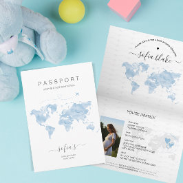 Modern Dusty Blue Passport World Map Kinderdusche Einladung